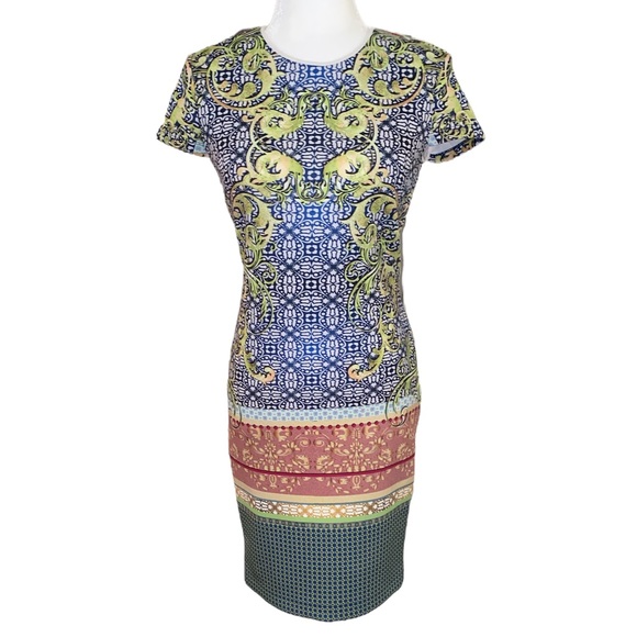 Clover Canyon Floral Mosaic Neoprene Scuba Fitted Sheath Slip Dress - M - Picture 11 of 11